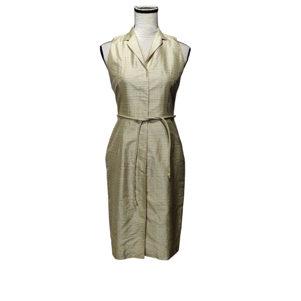 Vintage Trio New York Women's Sz 2 100% Silk Sleeveless Shirt Dress Plaid Check